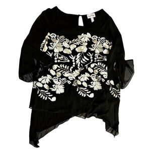 Joseph Ribkoff Tunic Size 18 Black Embroidered Metallic Floral Asymmetrical Hem